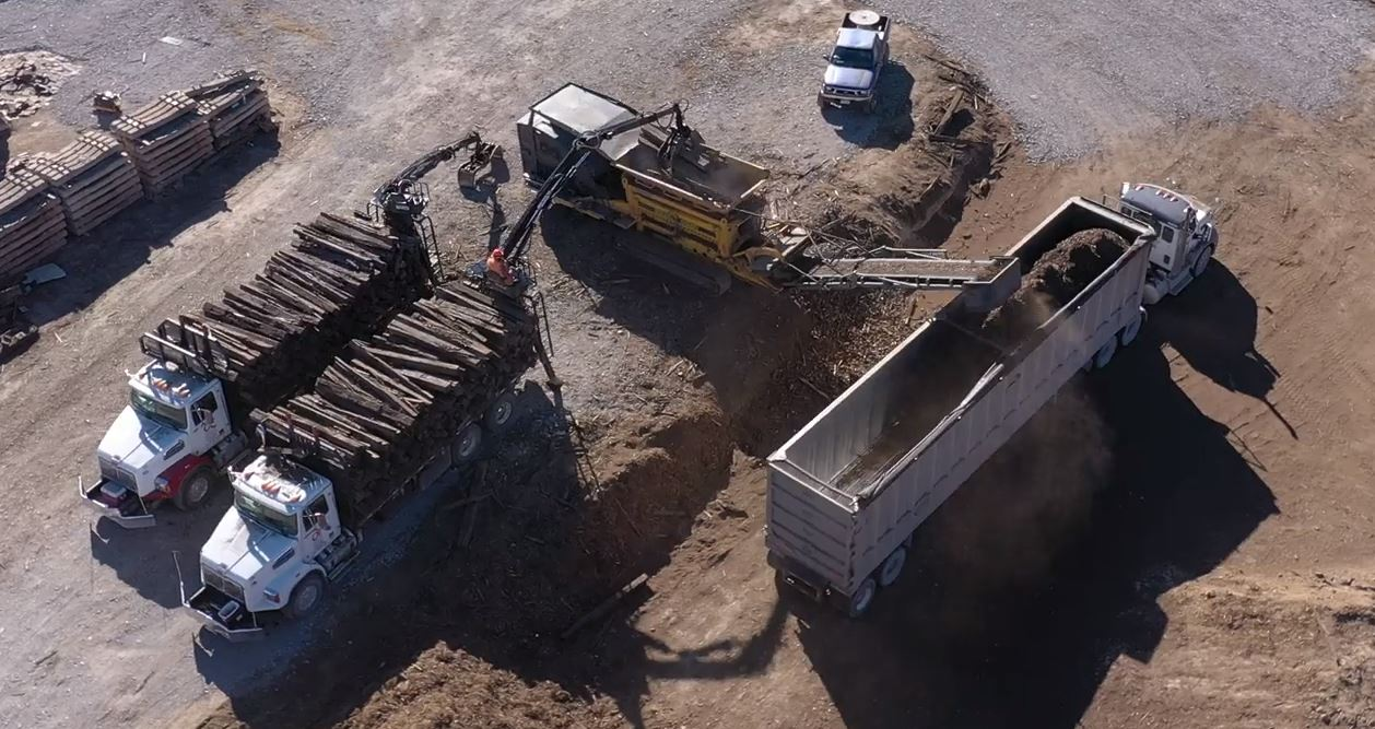 Aerial view of Staack Energy grinding operation loading trucks